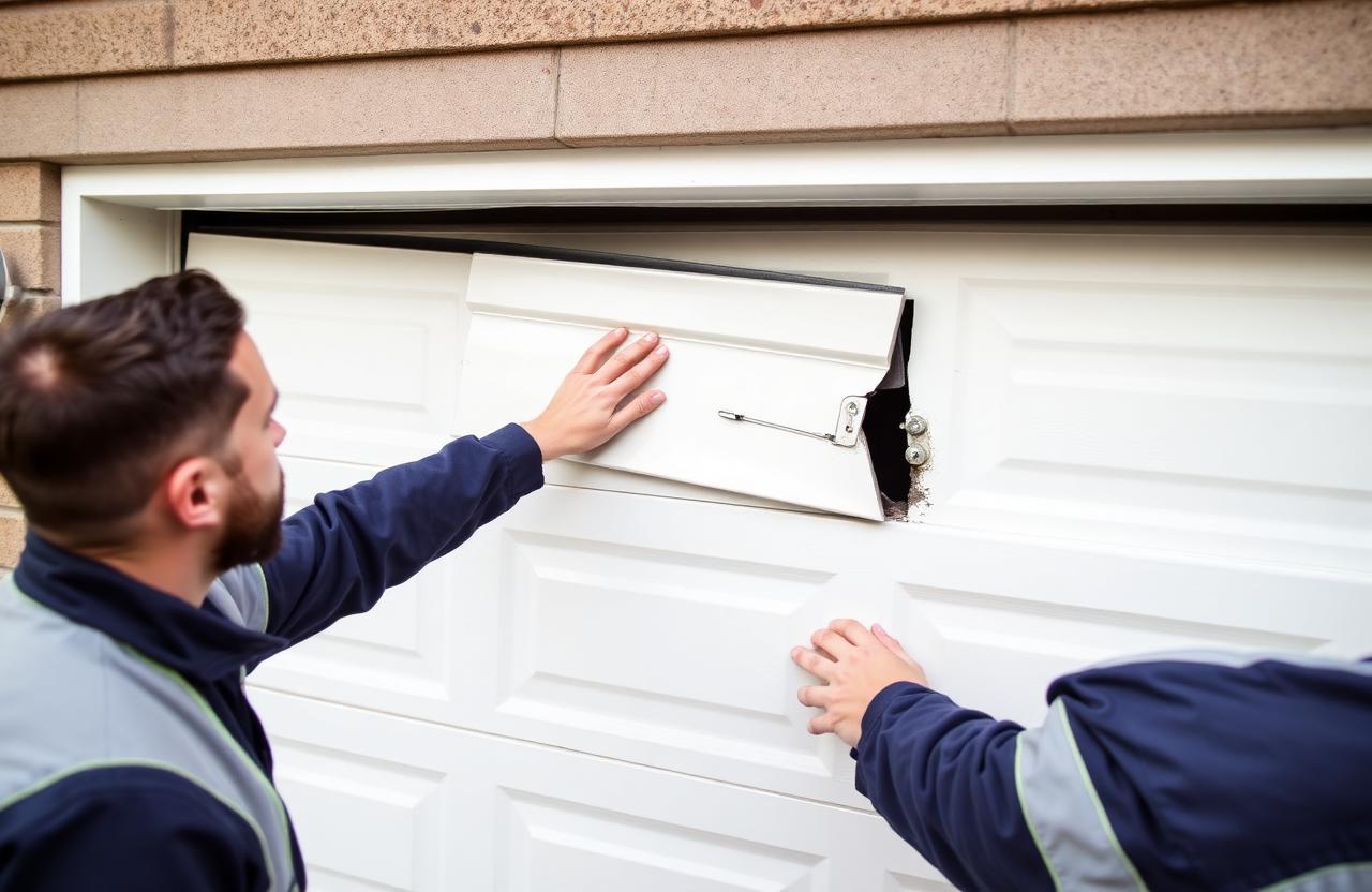 Engineer inspecting forced-entry damage on a residential garage door in Preston