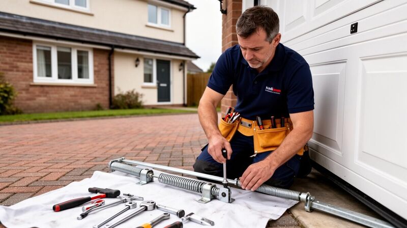 Local garage door engineer repairing a sectional door in Preston